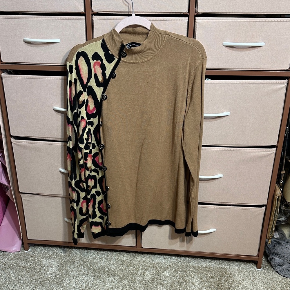 New York & Company Tan Leopard Button-Down Shirt